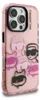 A close-up, angled view of a pink phone case with a Karl Lagerfeld design featuring cartoon cats and a caricature of Karl Lagerfeld wearing sunglasses. The case is shown on a light pink and white background. Anteprima dell’immagine prodotto