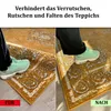 A split image showing a rug before and after the use of an anti-slip solution, with a person's foot on the rug in both images. Produktbild-Vorschau