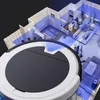 A robot vacuum cleaner is shown in the foreground, with a schematic 3D overlay of a house floor plan in the background, indicating cleaning zones. Produktbild-Vorschau