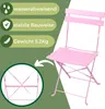 A pink metal bistro chair is shown with informational graphics on the left. Produktbild-Vorschau