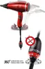 A red hairdryer with a black cord, shown from multiple angles and with diagrams illustrating its features. Produktbild-Vorschau