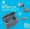 Marketing image for GO Air POP True Wireless Earbuds, highlighting long battery life and integrated charging cable. Anteprima dell’immagine prodotto