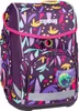 A purple backpack with a colorful jungle-like pattern, featuring a chameleon graphic on the front pocket. Produktbild-Vorschau