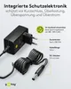 A black Goobay universal power adapter with a coiled cable and DC connector is shown, with text overlays describing its features and specifications. Náhľad obrázku produktu