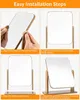 A four-panel image showing the steps to assemble a tabletop mirror. Produktbild-Vorschau