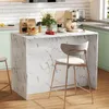 A kitchen island with a marble-like finish, featuring a coffee maker, pancakes, and strawberries on top, with bar stools around it. Voir les images du produit
