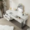 A white vanity table with an LED mirror and open drawers, showcasing makeup and skincare products. Náhľad obrázku produktu