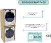 A wooden cabinet designed to stack a washing machine and a dryer, with informational text and graphics. Anteprima dell’immagine prodotto