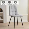 A gray upholstered dining chair with black metal legs is shown in a room setting, with informational icons at the top. Produktbild-Vorschau