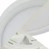 A collage of close-up shots of a white LED ceiling light, showing its construction and mounting details. Produktbild-Vorschau
