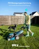 A man is mowing the lawn with a dog watching him. The image has text overlays highlighting features. Produktbild-Vorschau