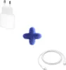 A white background with a white USB-C charger and a white USB-C cable, separated by a blue fluffy plus sign. Podgląd zdjęcia produktu