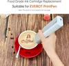 A hand holding a white and gray handheld printer over a red saucer with a cup of coffee that has a printed image and text on it. Podgląd zdjęcia produktu