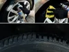 A collage of three images showing the application of a tire dressing product to a car tire. Produktbild-Vorschau