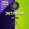 A dartboard and stand are displayed against a split purple and green background with text overlays. Produktbild-Vorschau
