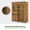 A wooden garden storage cabinet with open doors and shelves, showing dimensions and text about storage capacity. Produktbild-Vorschau