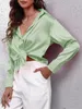 ASKSA Damen Satin Bluse V-Ausschnitt Hemde Elegant Knoepfen Produktbild-Vorschau 3
