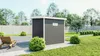 A modern garden shed is shown in a backyard setting with a lounge chair and landscaping. Produktbild-Vorschau