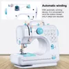 A white and blue sewing machine is shown with numbered diagrams and text explaining its features. Produktbild-Vorschau