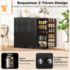 A black storage cabinet with its doors open, displaying shelves filled with various food items. The image also includes close-up views of the cabinet's hinges and door handles, along with descriptive text. Podgląd zdjęcia produktu