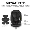 A black child car seat with an insert for newborns, with text overlays highlighting adjustable features. Produktbild-Vorschau
