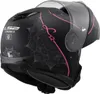 A black motorcycle helmet with pink and gray decorative patterns, shown from the side and rear. Náhled obrázku produktu