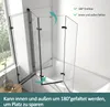A glass shower screen is folded and shown in a bathroom setting next to a bathtub. Produktbild-Vorschau