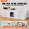 A white cabinet designed to hide a cat litter box, shown in a home setting with decorative items on top and inset images highlighting features. Produktbild-Vorschau