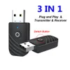 A product shot of a 3-in-1 Bluetooth transmitter and receiver adapter, with text overlays highlighting its features. Produktbild-Vorschau