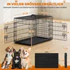 A dog cage with dimensions shown, and three dogs sitting in front of it. Podgląd zdjęcia produktu