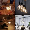 Collage of four images showing different styles of Edison-style LED light bulbs and light fixtures. Produktbild-Vorschau