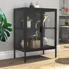 A black glass display cabinet with decorative items inside, placed in a room with a plant and a wall. Podgląd zdjęcia produktu