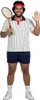 A man in a retro tennis outfit holding a tennis racket and waving. Produktbild-Vorschau