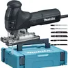 A black Makita jigsaw with a blue storage case and several saw blades. Produktbild-Vorschau