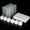 A set of rechargeable LED tea lights with frosted cups and a charging station, displayed against a black background. Produktbild-Vorschau