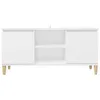 A white TV cabinet with wooden legs against a white background. Podgląd zdjęcia produktu