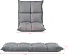 Two views of a gray floor chair with dimensions indicated by red lines and text. Anteprima dell’immagine prodotto