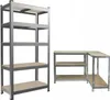 Two shelving units are shown against a white background. One is a tall, five-tier shelf, and the other is an L-shaped, three-tier shelf. Náhled obrázku produktu