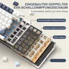 An exploded view diagram of a mechanical keyboard's internal components, highlighting sound-dampening features. Produktbild-Vorschau