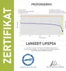 A product certification document with a graph showing battery discharge performance. Produktbild-Vorschau