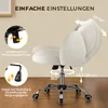 A white fluffy office chair is shown with diagrams illustrating its adjustable features. Produktbild-Vorschau
