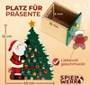 An advent calendar shaped like a Christmas tree with Santa Claus, and a separate open drawer with dimensions shown. Produktbild-Vorschau