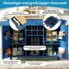 A blue kitchen island with various storage compartments and features highlighted with text overlays and dotted lines. Voir les images du produit