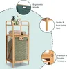 A bamboo bathroom shelf with a collapsible laundry basket and two shelves, showcasing features like ergonomic handle, stable feet, and durable hardware. Produktbild-Vorschau