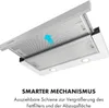 Close-up view of a white under-cabinet range hood, showing an extendable mechanism with a blue arrow indicating movement. Produktbild-Vorschau