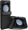 A black phone case with a kickstand is shown in two configurations against a white background. Produktbild-Vorschau