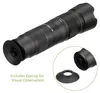 A black telephoto lens for smartphones is shown against a white background. An accessory eyecup is shown in a circular inset. Produktbild-Vorschau