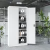 A white metal filing cabinet with its doors open, showing multiple shelves filled with binders and boxes. Dimensions are indicated on the image. Podgląd zdjęcia produktu