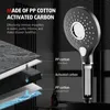 Diagram showing the layers of a shower head filter, with a shower head on the right. Produktbild-Vorschau