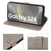 A flip cover case for a Samsung Galaxy S24 phone is shown in an open position, displaying the phone's screen. Close-up views of the case's closure mechanism and embossed floral pattern are also shown. Produktbild-Vorschau